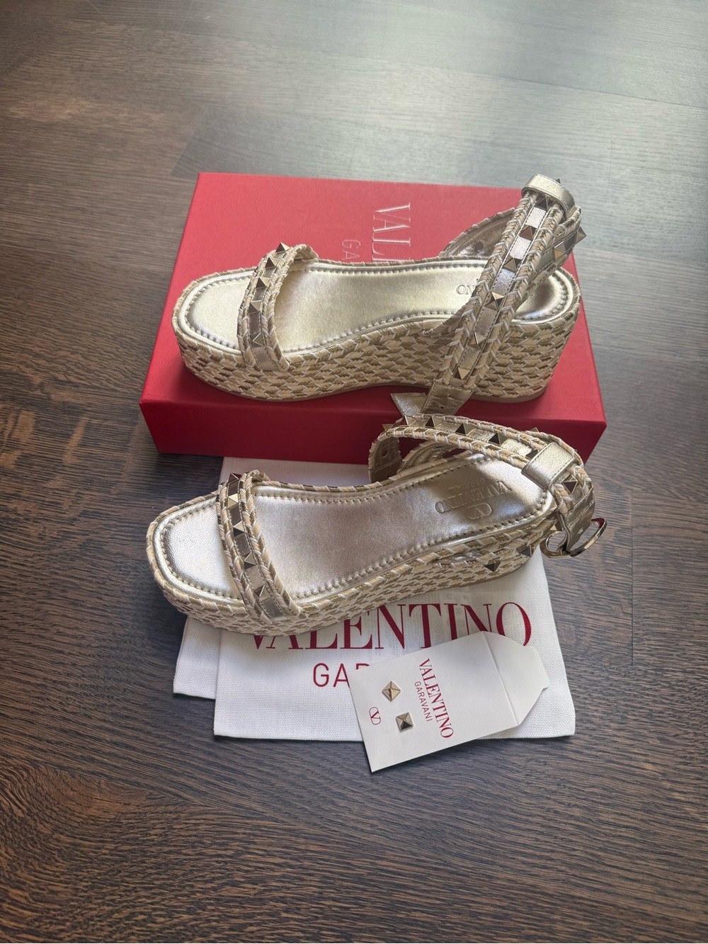 Valentino Garavani Metallic Gold Braided Wedge Sandals